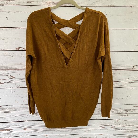 Windsor S Brown Oversized Criss Cross Strappy Open Back Soft Knit Vneck Sweater - Picture 5 of 7